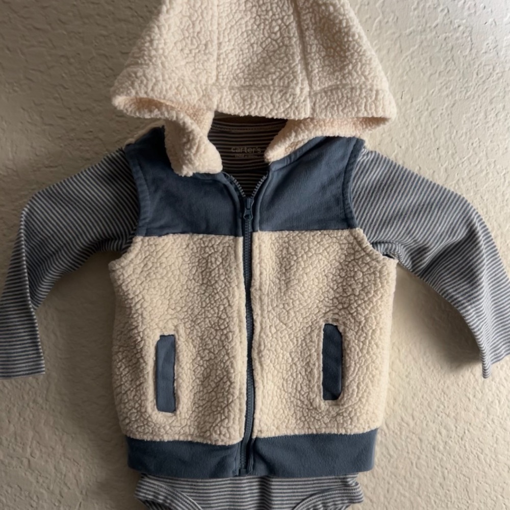 Cozy Hooded Vest with Striped Onesie (18M)